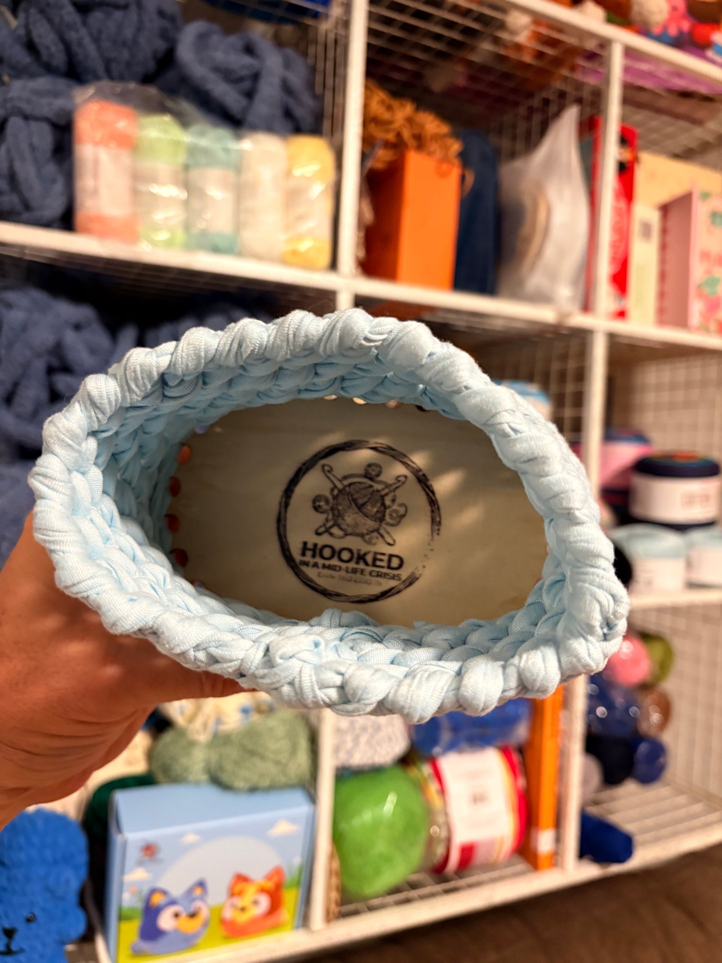 Crocheted Small Basket with Wooden Base