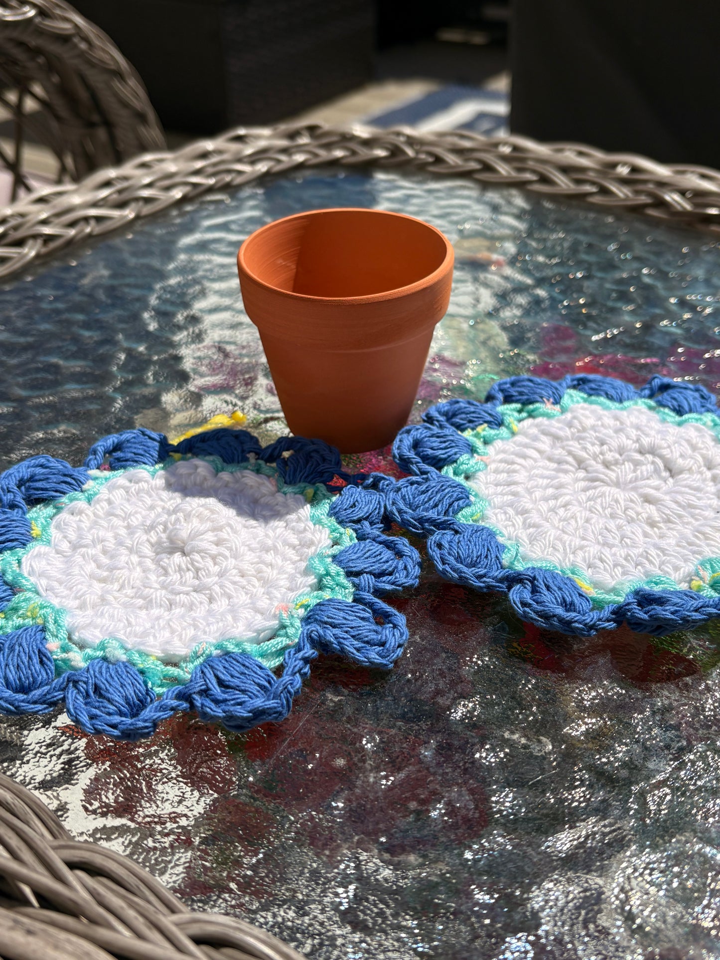 Set of 2 Crocheted Flower Coasters and Pot Holder