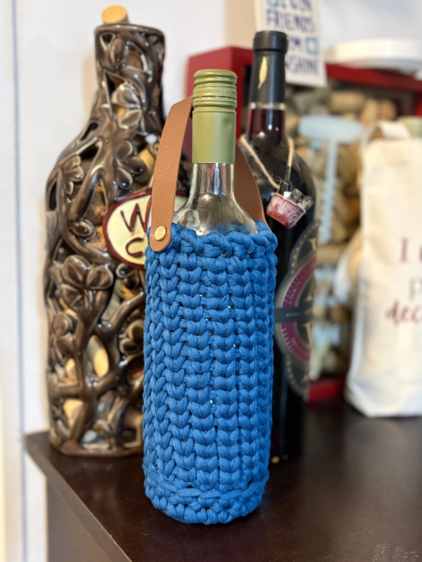 Crocheted Wine Bottle Holder with Leather Handle