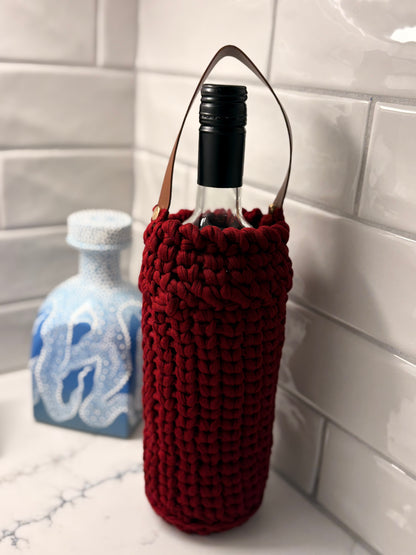 Crocheted Wine Bottle Holder with Leather Handle